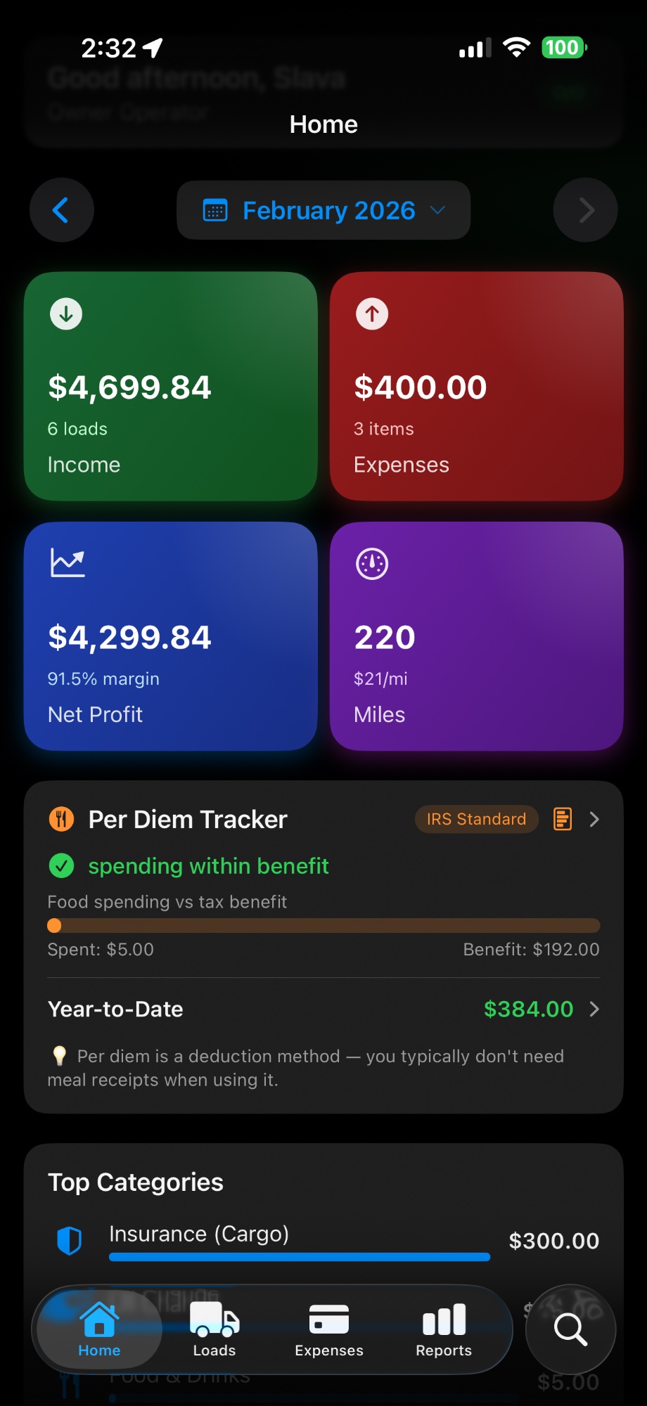 Trucker's Budget dashboard showing income, expenses, net profit, and miles for February 2026