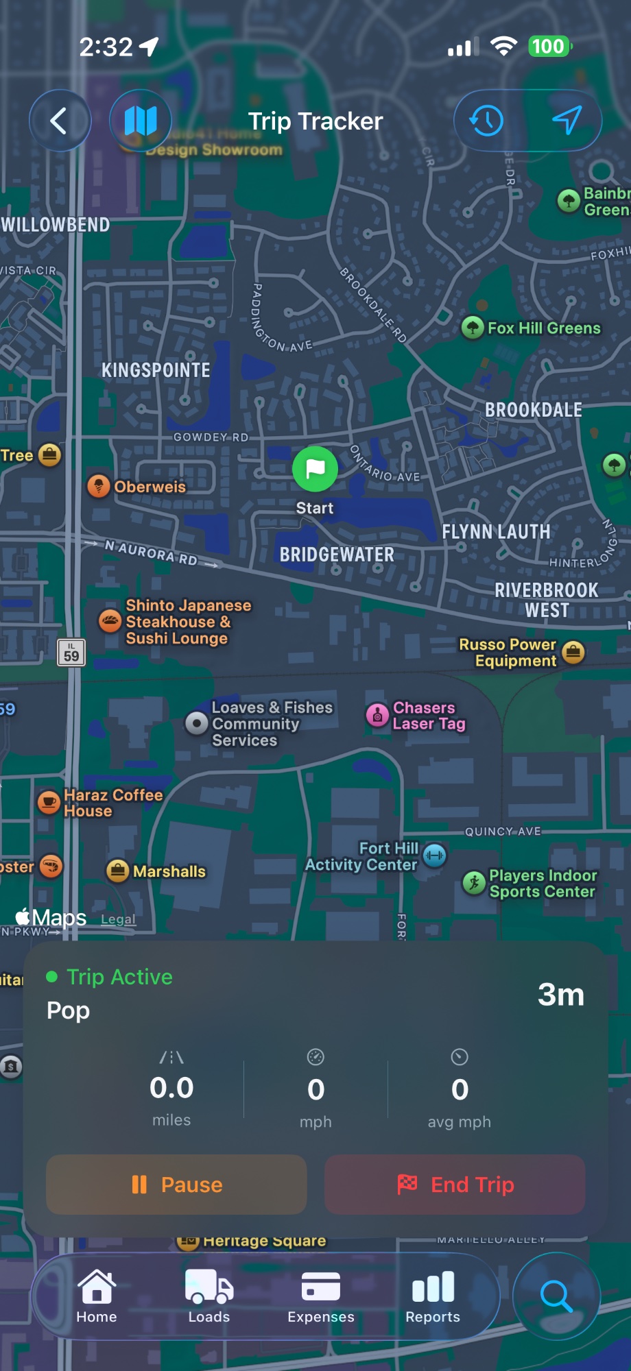 Live GPS trip tracker with map showing active route, speed, and mileage